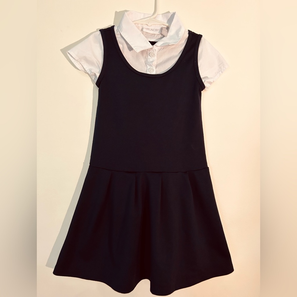PLACE Sz SP Navy Blue/White Tidal Uniform Dress w/Faux Button Down Collared Top.